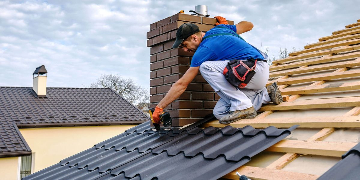 A man is engaged in roofing work, using metal materials to increase the property's value through expert services.