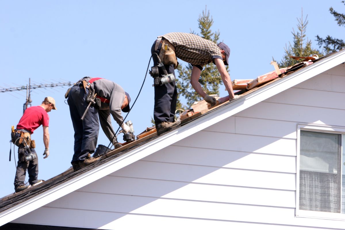 Three workers performing roof restoration, using a ladder to reach the top of the building.