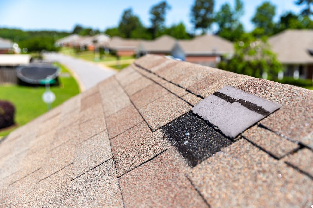 A close-up of a roof featuring a small piece of paper resting on its surface.